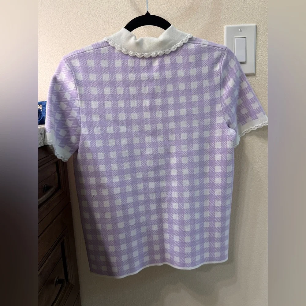 Maje woman’s Lavender Gingham Collared Knit Top with Scalloped Trim - Picture 5 of 8